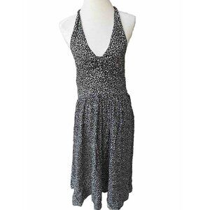Warehouse Halter Neck light Hi Lo Midi Fit and Flare Black Leopard Dress 10 US